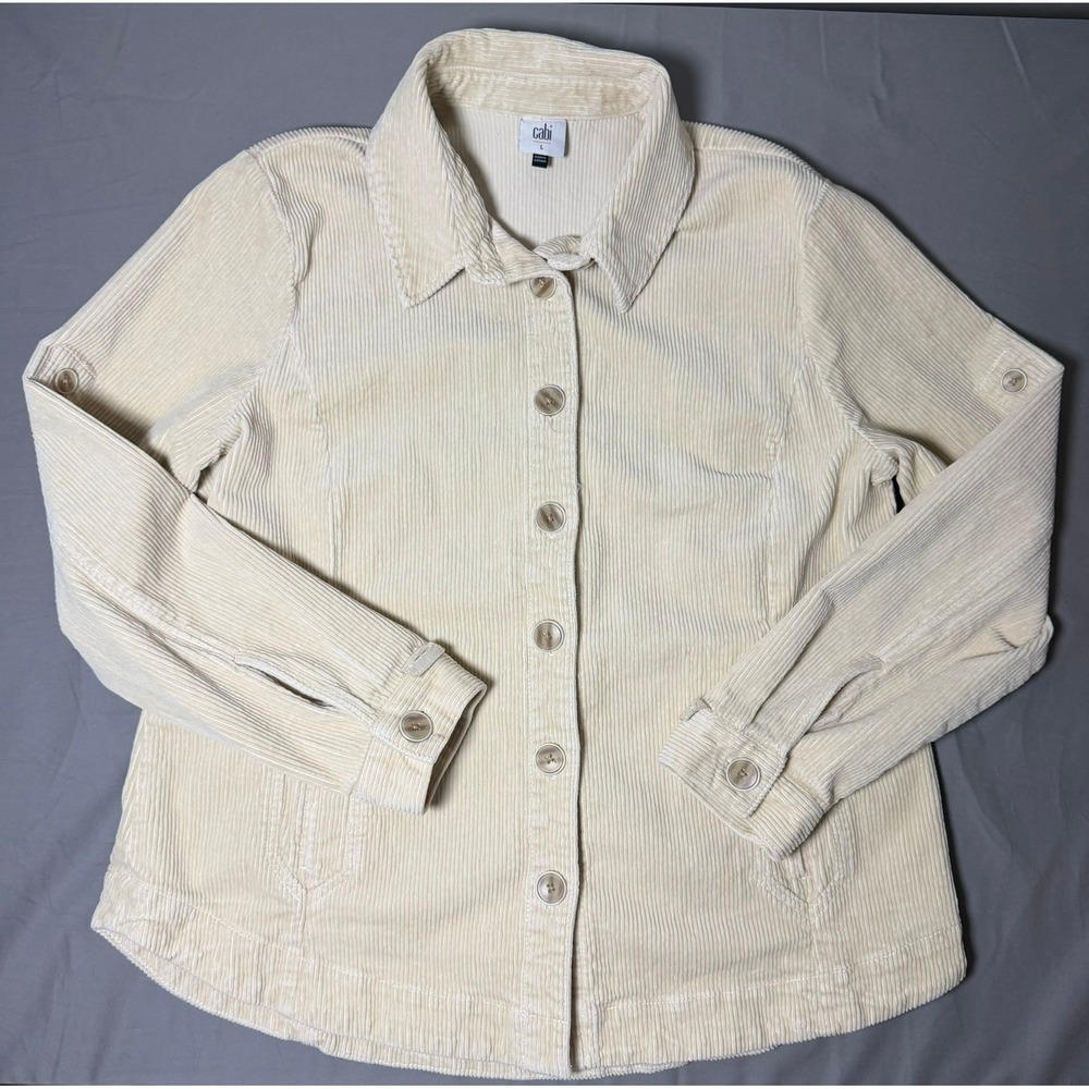 Cabi Cream Corduroy Button Front Jacket Shacket Utility Cream Cotton Blend Fall